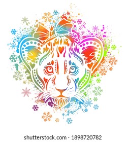 Un cachorro de león multicolor. La cara del león es un resumen arcoiris. Ilustración del vector