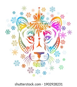 A multicolored lioness. The face of the lion is a rainbow abstract. Vector illustration