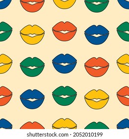 Los labios multicolores imprimen un patrón sin fisuras. Fondo retro con besos. Diseño interior con pinza vintage. Ilustración vectorial de los labios azul, amarillo, verde y rojo. Plantilla para tejido, empaquetado