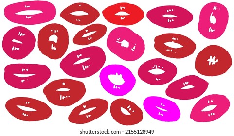 Multicolored lipstick prints on a white background. Vector illustration with air kisses.