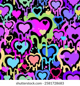 Multicolored liquid dripping hearts. Vector seamless pattern	
