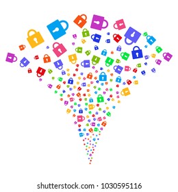 Multicolored Lock fireworks fountain. Object fountain constructed from random lock icons as fireworks. Vector illustration style is flat iconic symbols with psychedelic colors.