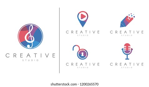 Multicolored Logotype set. Brand identity collection for music, education, digital technology, security vector template.
