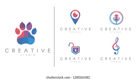 Multicolored Logotype set. Brand identity collection for sport, education , animals,  security, music, vector template.