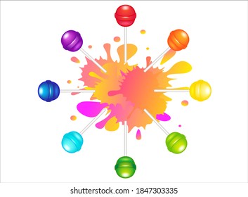 Multicolored lollipops arranged in a circle against the background of multicolored splashes - a vecton full-color print. A cheerful bright print with candies - caramel of all colors of the rainbow 