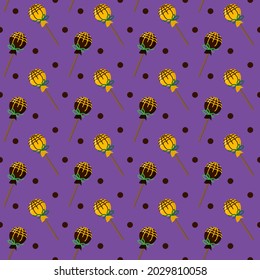 Lópops multicolores para Halloween. Patrón con dulces amarillos y marrones sobre fondo morado. Ilustración vectorial. Para embalajes, textiles, portadas y folletos, volantes.