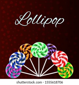 Multi-colored lollipops on a dark background with hearts and the inscription lollipop