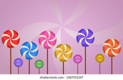 Multi-colored lollipops on a pink background.