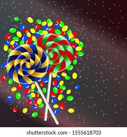 Multi-colored lollipops and small sweets on a dark background with white circles