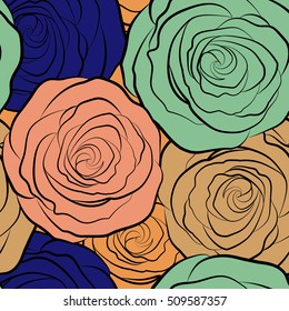 Multicolored lovely rose flowers. Vector seamless pattern. Can be used for festive greeting card, textil print or fabric.