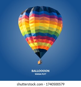 A multi-colored low-poly balloon is depicted on a blue background. Bright balloon flight on a hot summer day.