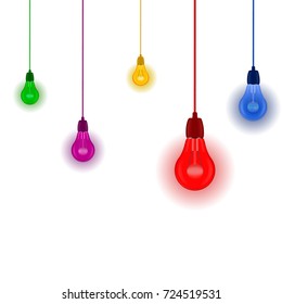 Multicolored luminous bulbs of different sizes, hang on wires