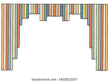 Multicolored luxury theatrical curtain with a copy space in the middle. Freehand drawing. Doodle. Hand Drawn. Outline.	