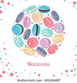 Multicolored macaroon concept. Multicolored macaroon-cookies in circle shape on white background. Vector illustration  for web, mobile and print.