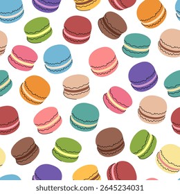 Macaroons multicoloridos desenhos animados padrão sem costura. Macarons sobre fundo branco. Design perfeito.