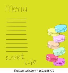 Multicolored macaroons on a light green background, an example of a bright dessert menu.