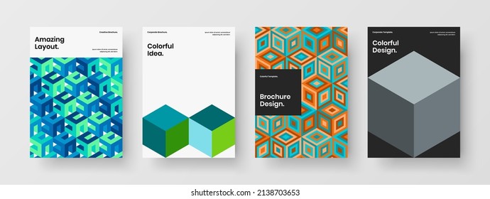 Multicolored magazine cover vector design layout composition. Fresh geometric tiles booklet template collection.
