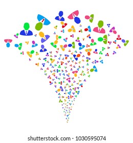 Multicolored Manager burst fountain. Object fountain combined from random manager icons as fireworks. Vector illustration style is flat iconic symbols with psychedelic colors.