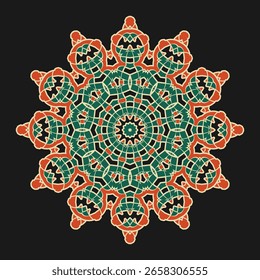 Mehrfarbiges Mandala mit komplexer roter und grüner Verzierung auf schwarzem Hintergrund. Vektorgrafik