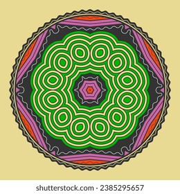 Multi-colored mandala, decorative dish, round carpet with ethnic patterns. Beige background. Vector illustration
