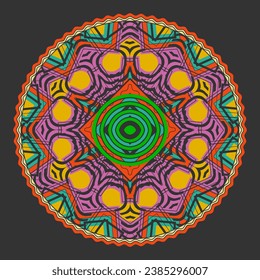 Multi-colored mandala, decorative dish, round carpet with ethnic patterns. Black background, contrasting color palette. Vector illustration