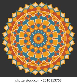Multicolored mandala, ornamented circle. Retro palette. Version 2. Vector illustration