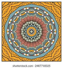 Multicolored mandala in retro palette. Design for bandana, neckerchief, carpet, decorative panel or other. Version 3. Vector illustration