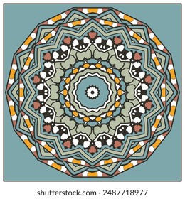 Multicolored mandala in retro palette. Design for bandana, neckerchief, carpet, decorative panel or other. Version 2. Vector illustration