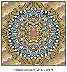 Multicolored mandala in retro palette. Design for bandana, neckerchief, carpet, decorative panel or other. Vector illustration