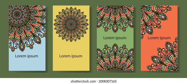 mehrfarbige Mandala. Satz von vier Hintergründen auf Blau, Gelb, Grün und Orange mit ethnischen Ornamenten. Motive in der Gestaltung von Karten, Einladungen, Visitenkarten, Hängern, Etiketten, Paketen.   
