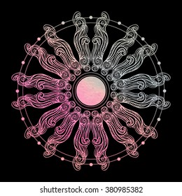 multicolored mandala, tattoo, mehendi, circular pattern on a black background, vector illustration