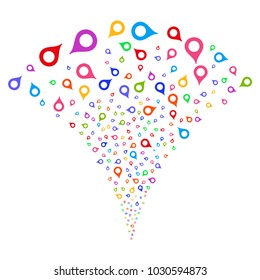 Multicolored Map Marker explosion fountain. Object fountain organized from random map marker pictograms as fireworks. Vector illustration style is flat iconic symbols with psychedelic colors.