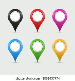 Multicolored Map Markers or Teardrop Pointers. Quality Map Markers Isolated on Grey Background. Realistic Detailed 3D Vector Art. A Collection of Modern Carved Inside Pointers. Vector Design Elements.