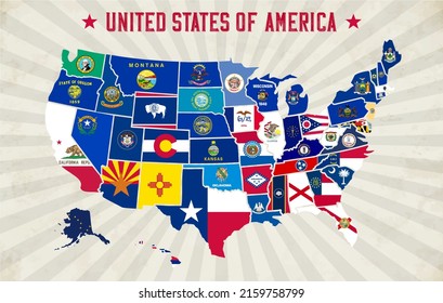 Multicolored map of United States of America with flags of states and borders. EPS 10 vector design.