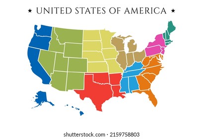 Multicolored map of United States of America with borders, isolated on white background. US blank outline map template. EPS10 vector design.