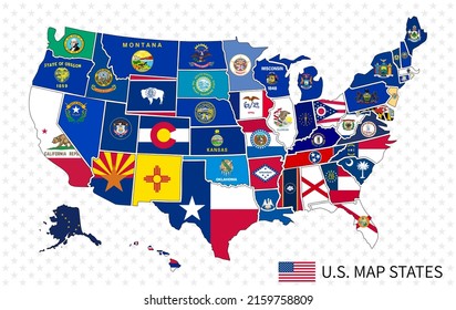 Multicolored map of United States of America with flags of states and borders. EPS 10 vector design.