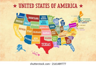 Multicolored map of United States of America with borders of the states and names. Vector design.