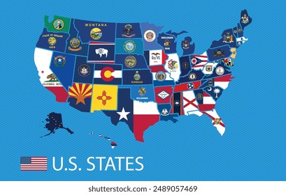 Multicolored map of United States of America with flags of states and borders. Vector design.