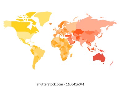 Multicolored map of World. Simplified political map with national borders of countires. Colorful vector illustration in warm colors.