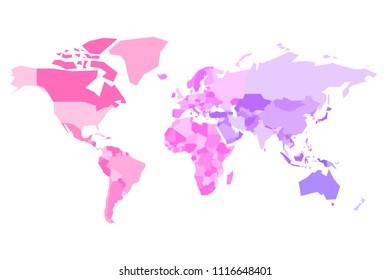 Multicolored map of World. Simplified political map with national borders of countires. Colorful vector illustration in pink-violet spectrum colors.