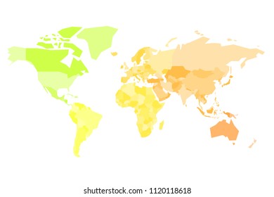 Multicolored map of World. Simplified political map with national borders of countires. Colorful vector illustration in warm colors.