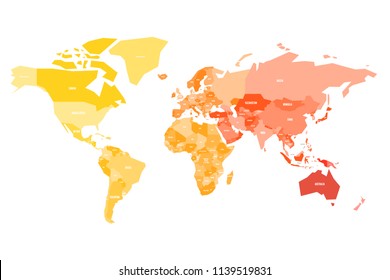 Multicolored map of World. Simplified political map with national borders ande name labels of countires. Colorful vector illustration in warm colors.