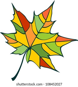 Multicolored Maple Leaf on White Background, Clip-Art Illustration, Vector Version
