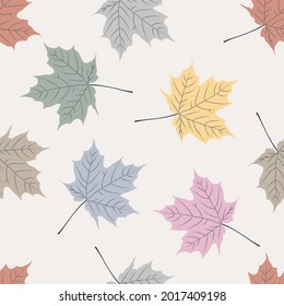 Multicolored maple leaves on cream background.  Autumn leaves for textile, greeting card design. abstract geometric leaf pattern.