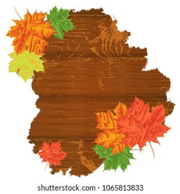 Multicolored maple leaves on old wooden boards. Autumn background. Nature background..Vector illustration. Eps 10.