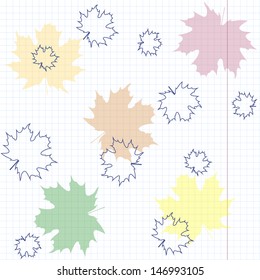 Multicolored maple leaves on a sheet of exercise book. Seamless pattern can be used for wallpaper, pattern fills, web page background, surface textures.
