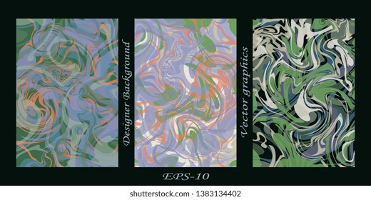 Multicolored marble textures backgrounds set. Fluid paint mixing drawing with copyspace. Modern art book, magazine cover, flyer vector mockup. Abstract marble background. Vector graphics