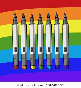 Multicolored  markers on a rainbow background. Hand-drawn sketch by liner.