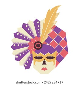 Multicolored masquerade mask with feathers. Brightly colored carnival accessory. Flat vector illustration isolated on white background.