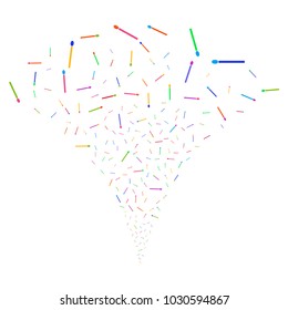 Multicolored Match fireworks fountain. Object fountain done from random match design elements as fireworks. Vector illustration style is flat iconic symbols with psychedelic colors.